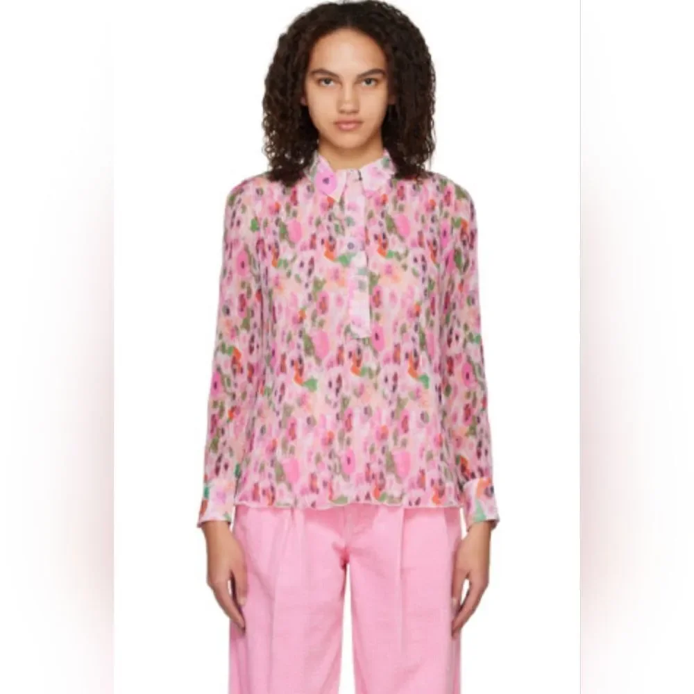 Ganni Floral Pleated Georgette Top 40 8/10 Gardencore Whimsical Barbiecore Boho